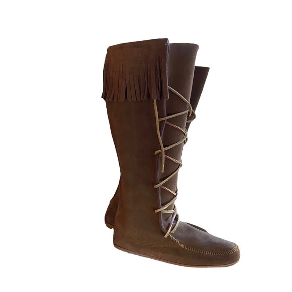 Vtg Minnetonka Womens US 7 Brown Suede Knee-High Lace-Up Fringe Moccasin Boots - Picture 3 of 8